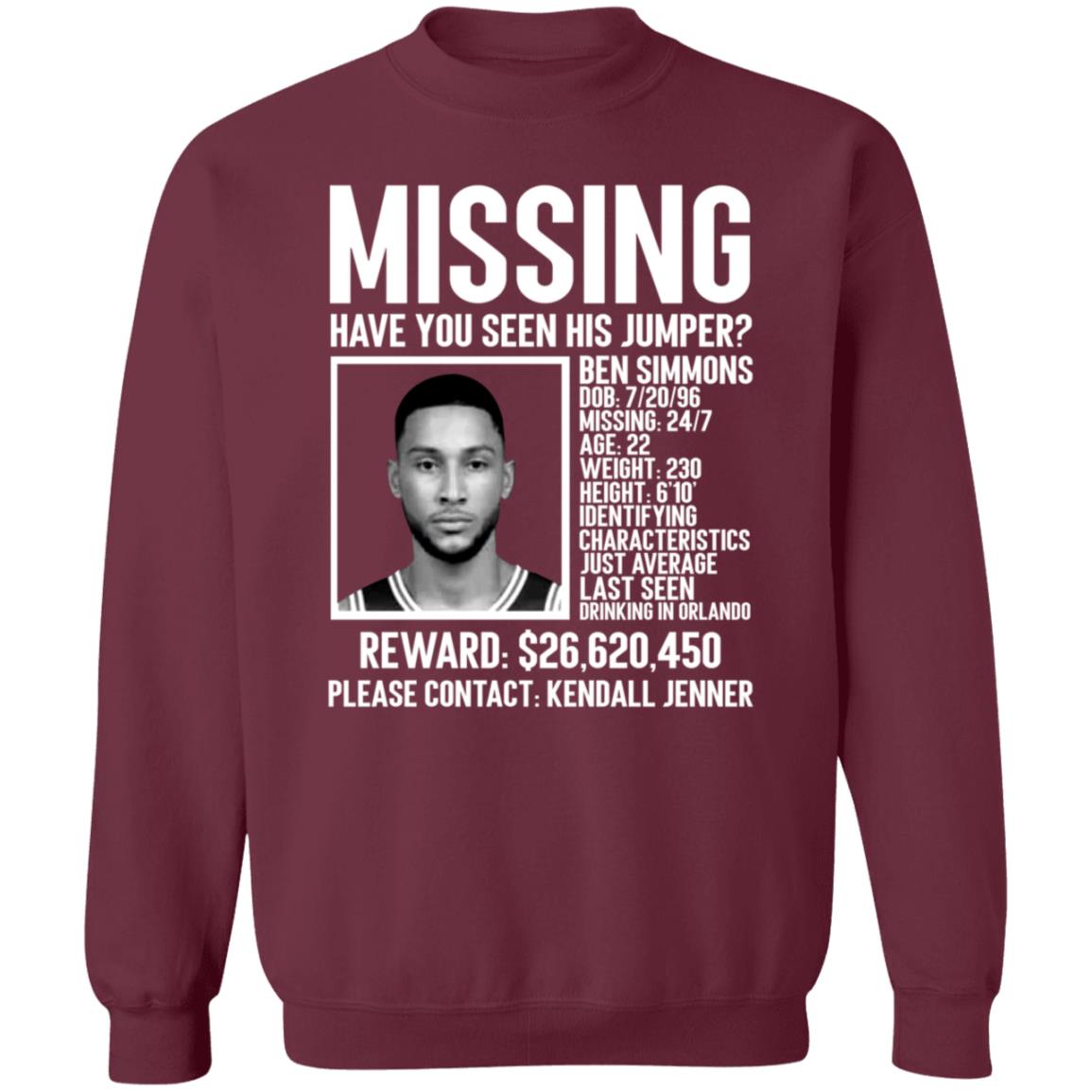 Ben Simmons Missing Shirt Missing Have You Seen His Jumper Shirt - Teechipus